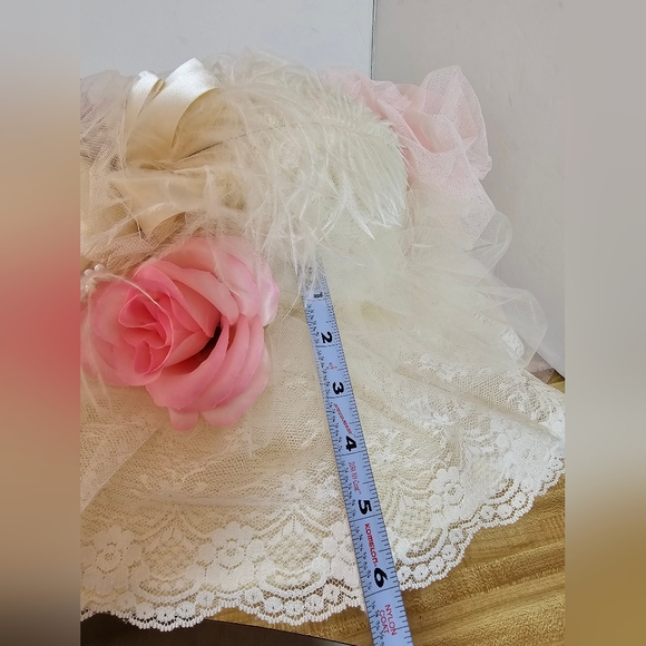 Recollections Victorian Hat Pink Rose Lace Wide Brim Feather Kentucky Derby - Picture 7 of 12